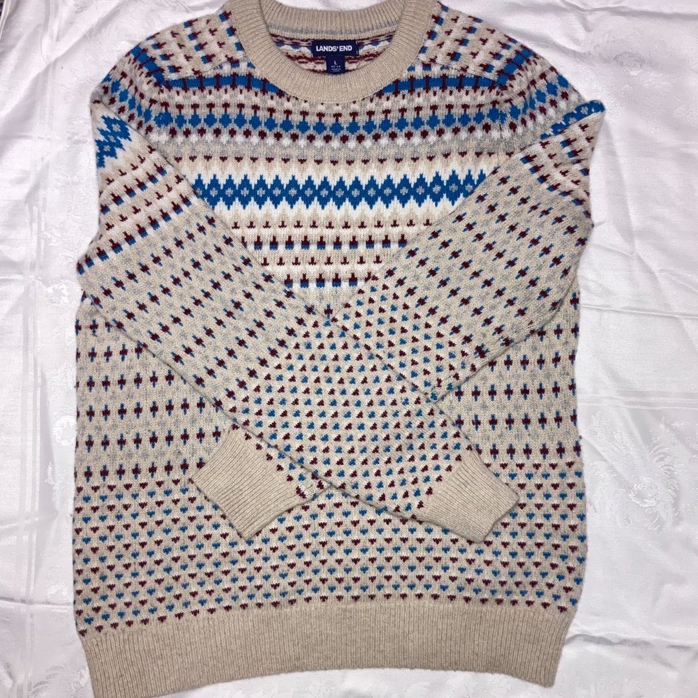 Lands' End Men's Fair Isle Wool Blend Pullover Sweater  Sz. L 42-44